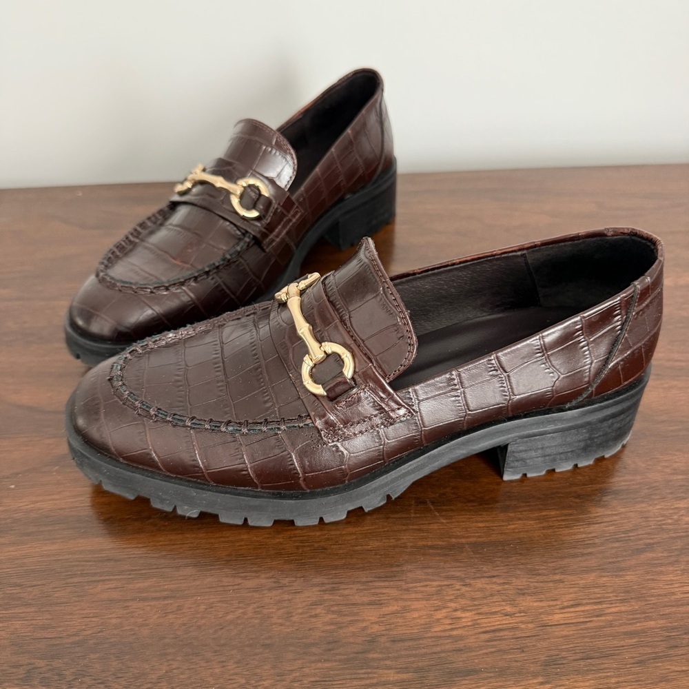 J MCLAUGHLIN MONIKA PENNY LOAFERS BROWN LEATHER CROC LUG SOLE HORSE BIT DETAIL 7 - Picture 3 of 11